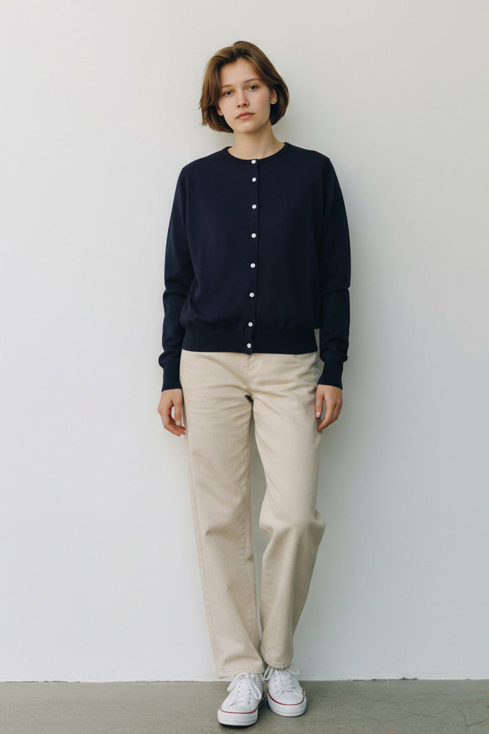 【WOMEN】12G Merino Wool Crewneck Cardigan